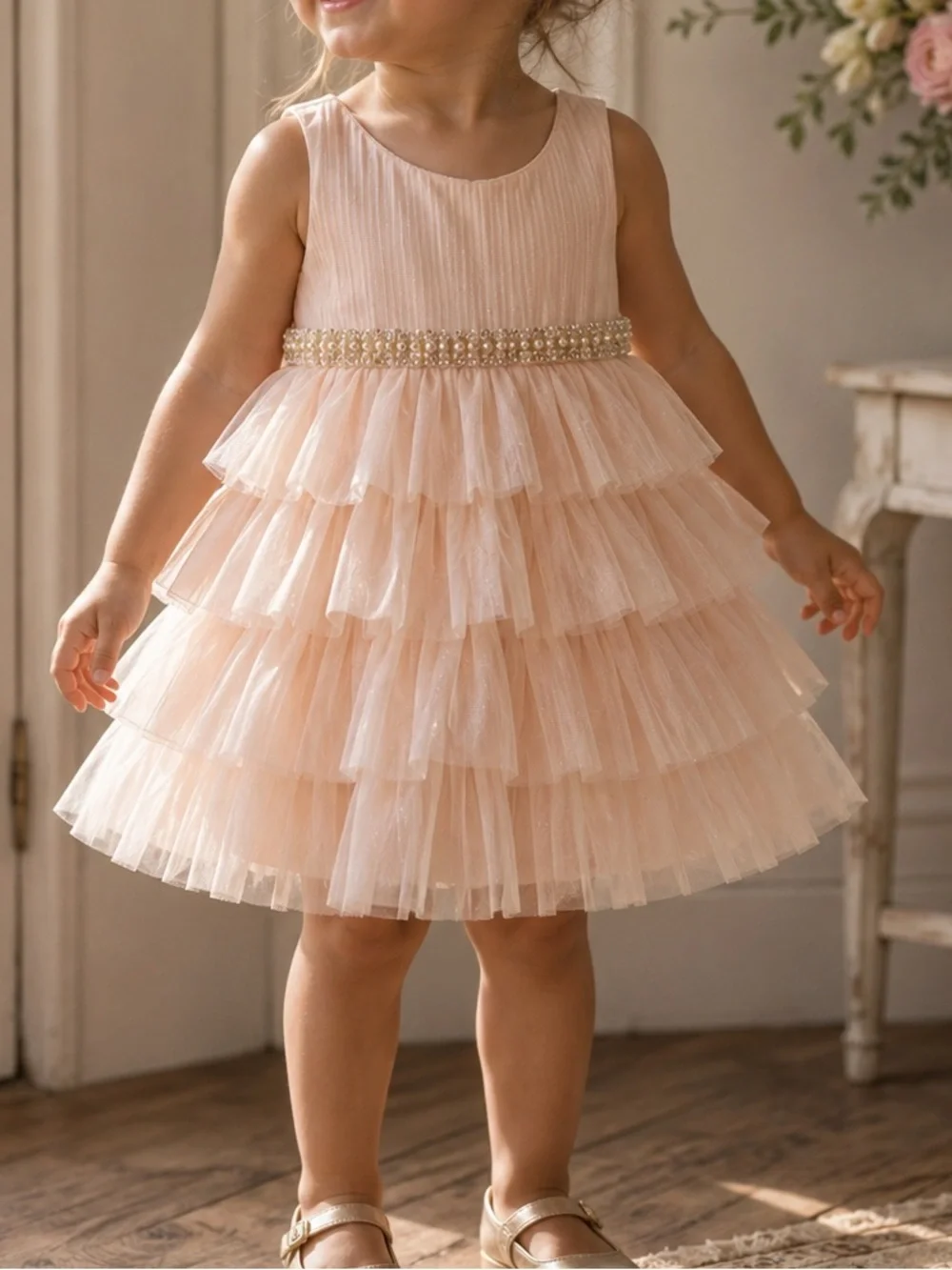 American Princess Blush Pink Layered Tulle Party Dress Glitter Pearl Embellished